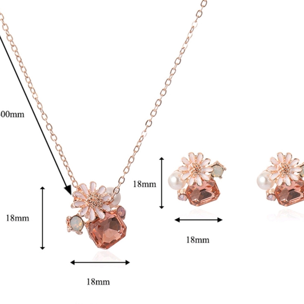 Boho Pearl & Sunflower Necklace Earring Set Peach Rhinestone Rose Gold - Picture 4 of 6